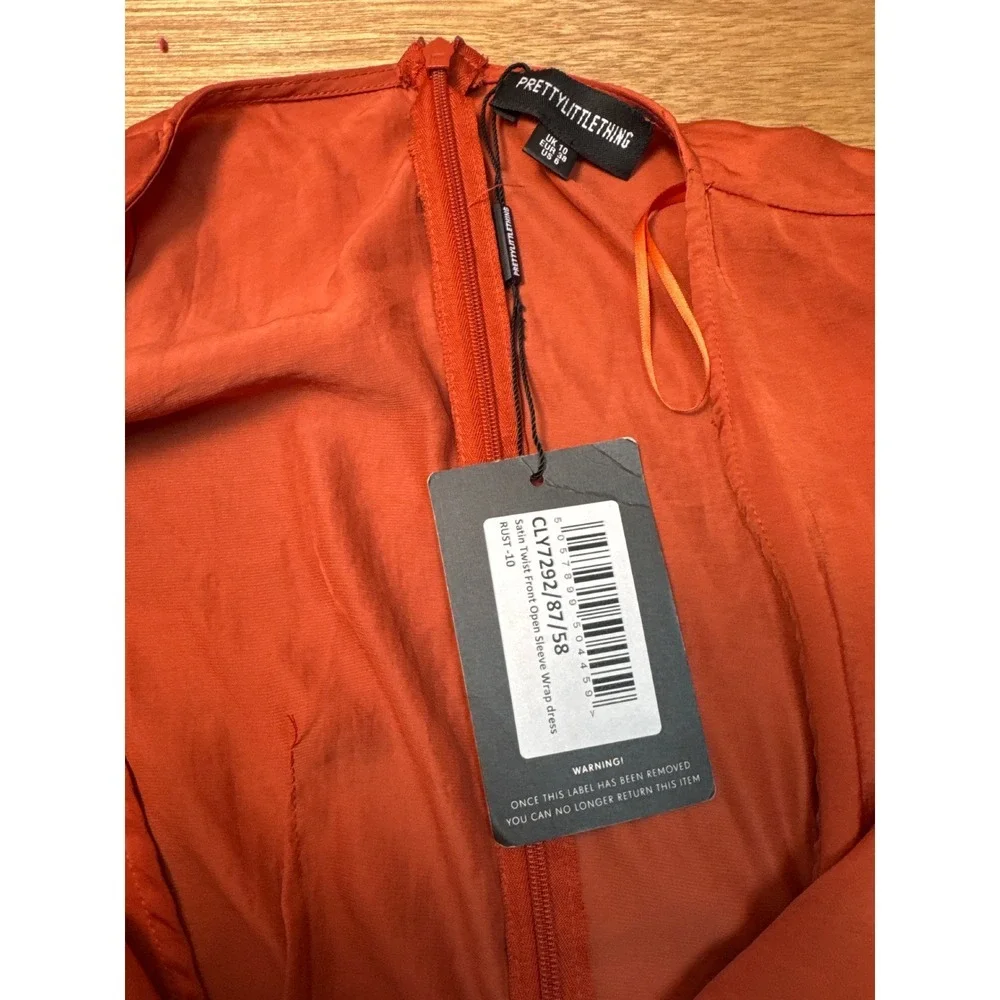 PrettyLittleThing Satin Wrap Dress Womens Size 6 Rust NWT Twist Front Mini